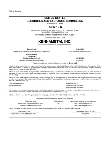 Miniature Kennametal 10-Q Rapport trimestriel 2019 