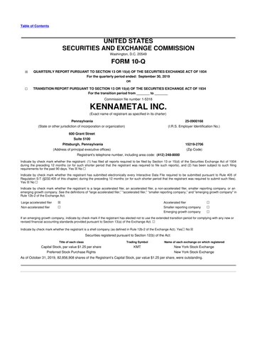 Miniature Kennametal 10-Q Rapport trimestriel 2020 