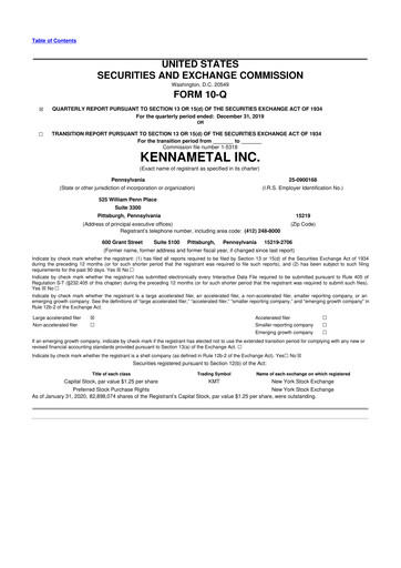 Miniature Kennametal 10-Q Rapport trimestriel 2020 