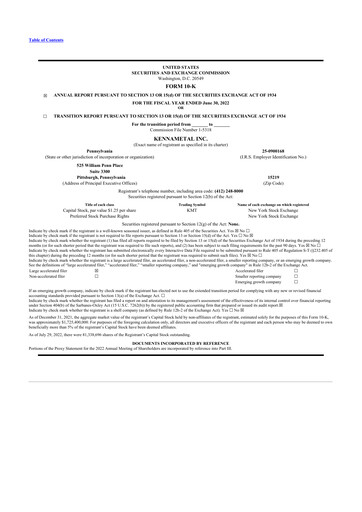 Thumbnail Kennametal 10-K Annual Report 2022