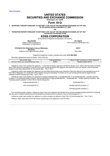 Thumbnail Koss 10-Q Quarterly Report FY2025 