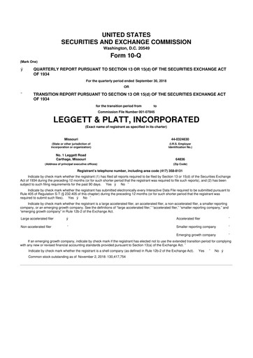 Miniature Leggett & Platt

 10-Q Rapport trimestriel 2018 