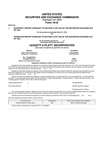 Miniature Leggett & Platt

 10-Q Rapport trimestriel 2019 