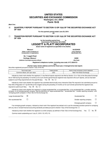 Miniature Leggett & Platt

 10-Q Rapport trimestriel 2019 