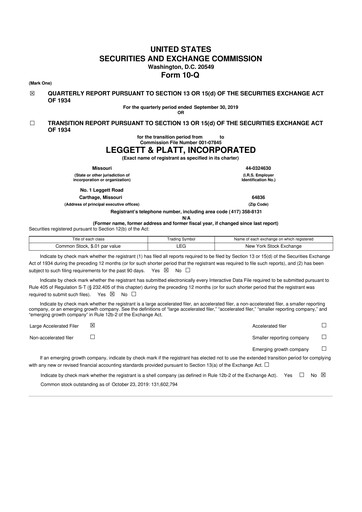Miniature Leggett & Platt

 10-Q Rapport trimestriel 2019 