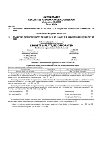 Miniature Leggett & Platt

 10-Q Rapport trimestriel 2020 