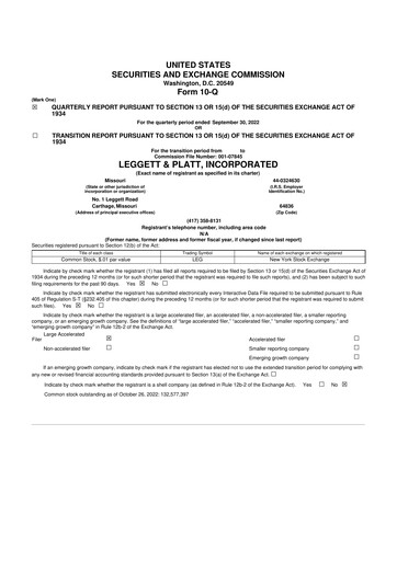 Miniature Leggett & Platt

 10-Q Rapport trimestriel 2022 