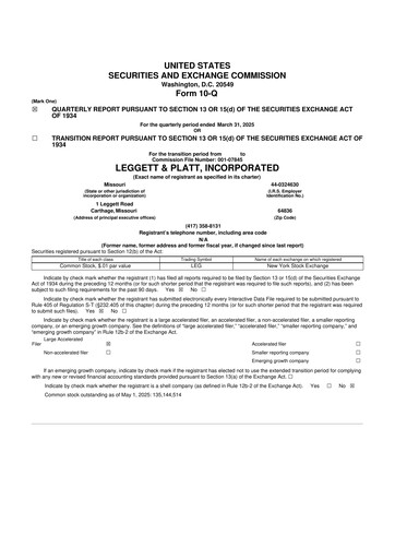 Miniature Leggett & Platt

 10-Q Rapport trimestriel 2025 