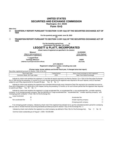 Miniature Leggett & Platt

 10-Q Rapport trimestriel 2025 