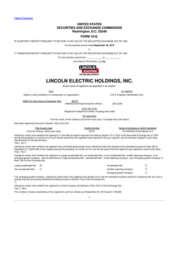 Thumbnail Lincoln Electric
 10-Q Quarterly Report FY2019 