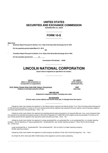 Thumbnail Lincoln National Corporation 10-Q Quarterly Report FY2012 