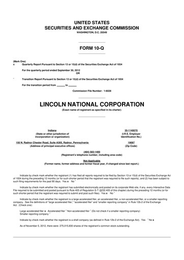 Thumbnail Lincoln National Corporation 10-Q Quarterly Report FY2012 