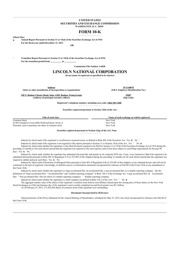 Thumbnail Lincoln National Corporation 10-K Annual Report 2012