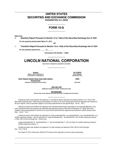 Thumbnail Lincoln National Corporation 10-Q Quarterly Report FY2015 