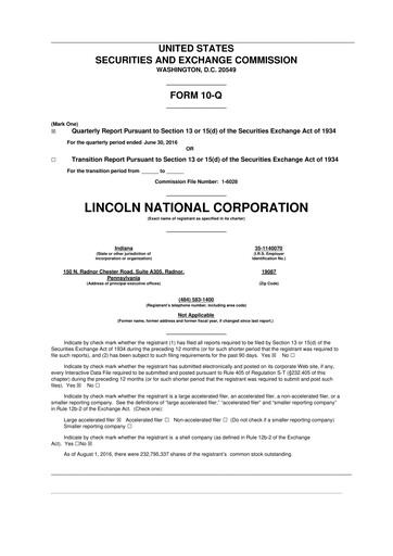 Thumbnail Lincoln National Corporation 10-Q Quarterly Report FY2016 