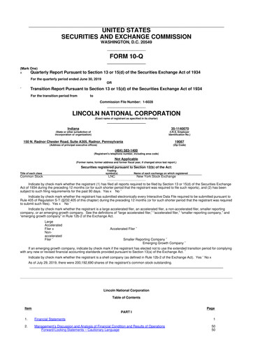 Thumbnail Lincoln National Corporation 10-Q Quarterly Report FY2019 
