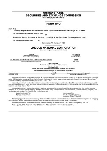 Thumbnail Lincoln National Corporation 10-Q Quarterly Report FY2020 