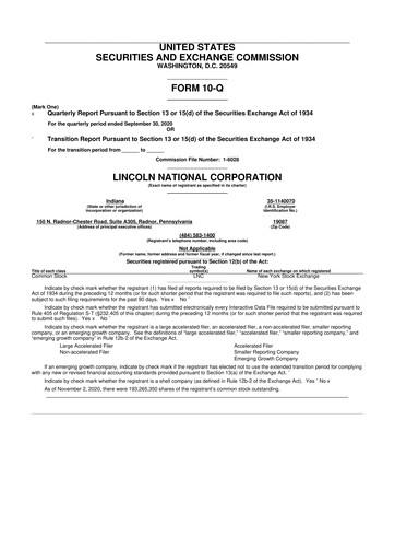 Thumbnail Lincoln National Corporation 10-Q Quarterly Report FY2020 
