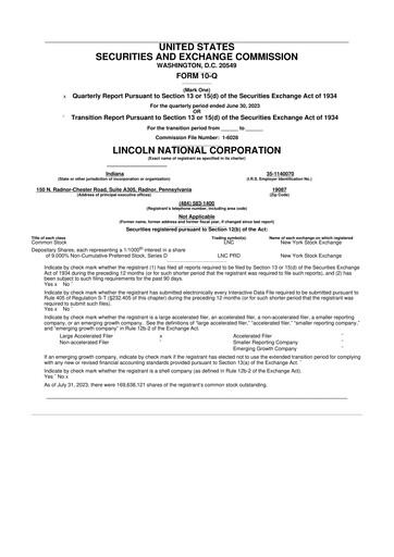 Thumbnail Lincoln National Corporation 10-Q Quarterly Report FY2023 