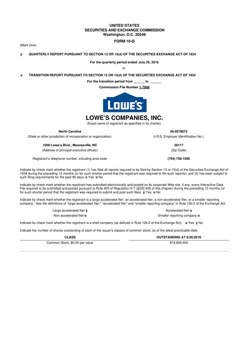 Thumbnail Lowe's Companies 10-Q Quarterly Report FY2016 