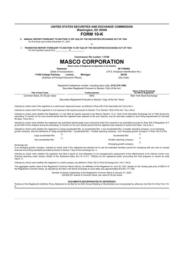 Thumbnail Masco 10-K Annual Report 2021