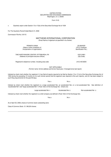 Thumbnail Matthews International Corporation
 10-Q Quarterly Report FY 