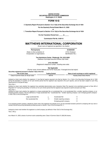 Thumbnail Matthews International Corporation
 10-Q Quarterly Report FY2020 