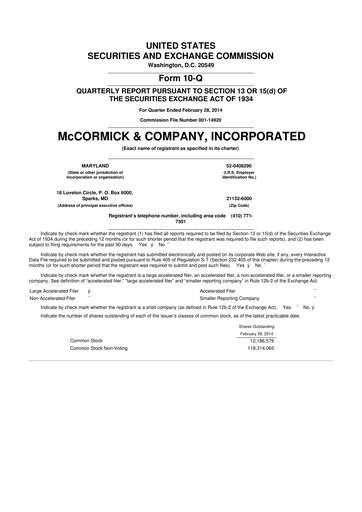 Thumbnail McCormick & Company
 10-Q Quarterly Report FY2014 