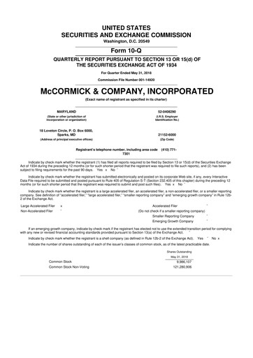 Thumbnail McCormick & Company
 10-Q Quarterly Report FY2018 