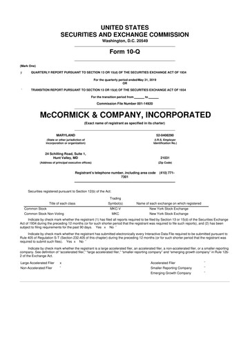 Thumbnail McCormick & Company
 10-Q Quarterly Report FY2019 