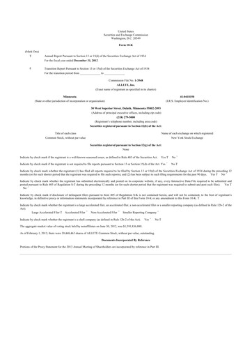 Thumbnail Allete 10-K Annual Report 2012