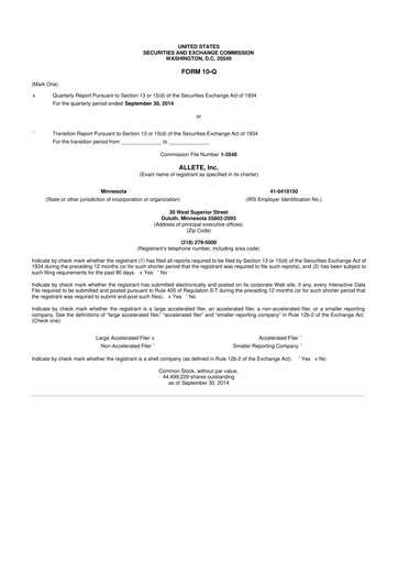 Thumbnail Allete 10-Q Quarterly Report FY2014 