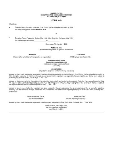 Thumbnail Allete 10-Q Quarterly Report FY2015 