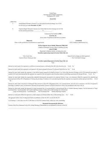 Thumbnail Allete 10-K Annual Report 2015