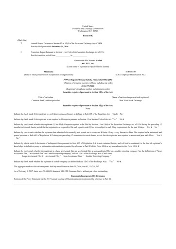 Thumbnail Allete 10-K Annual Report 2016