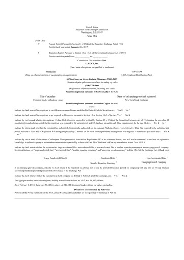 Thumbnail Allete 10-K Annual Report 2017