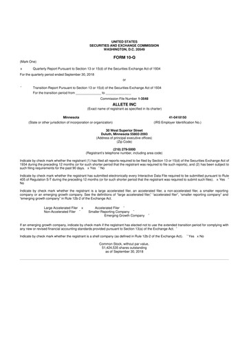 Thumbnail Allete 10-Q Quarterly Report FY2018 