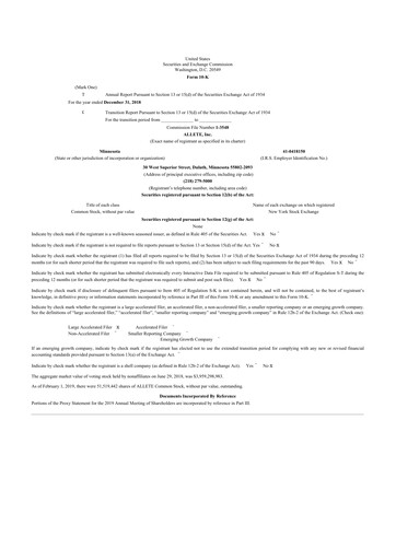 Thumbnail Allete 10-K Annual Report 2018