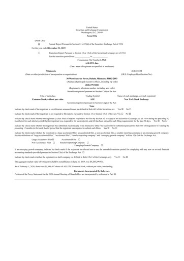 Thumbnail Allete 10-K Annual Report 2019