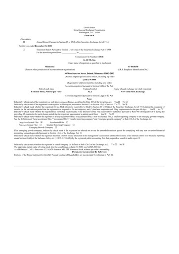 Thumbnail Allete 10-K Annual Report 2020