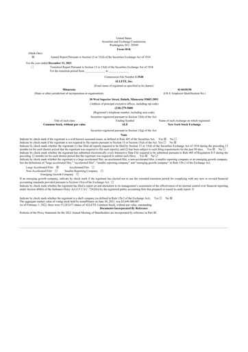 Thumbnail Allete 10-K Annual Report 2021