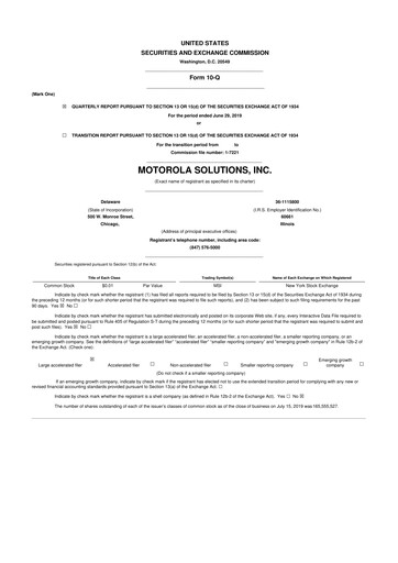 Thumbnail Motorola Solutions
 10-Q Quarterly Report FY2019 