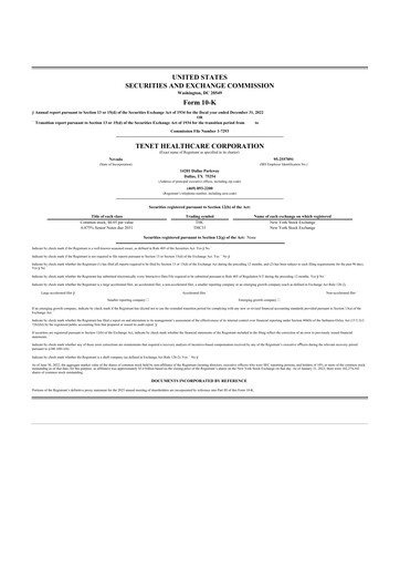 Thumbnail Tenet Healthcare 10-K Annual Report 2022