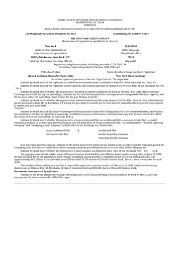 Thumbnail New York Times 10-K Annual Report 2018