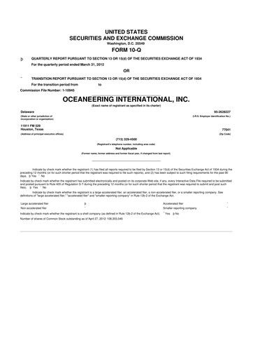 Miniature Oceaneering International
 10-Q Rapport trimestriel  