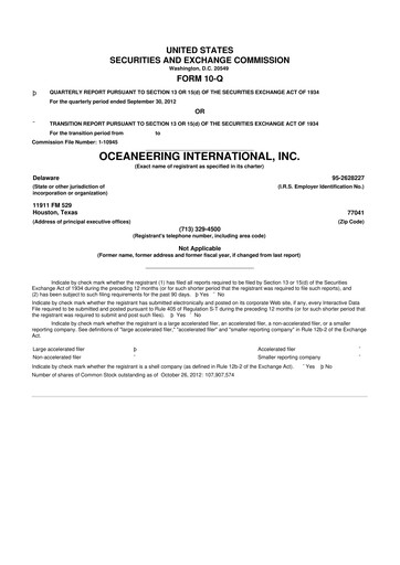 Miniature Oceaneering International
 10-Q Rapport trimestriel  