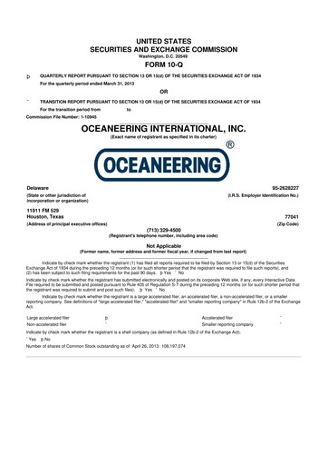 Miniature Oceaneering International
 10-Q Rapport trimestriel  