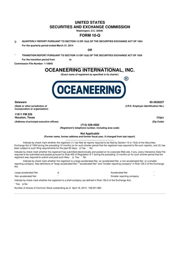 Miniature Oceaneering International
 10-Q Rapport trimestriel  