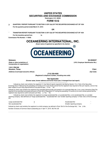 Miniature Oceaneering International
 10-Q Rapport trimestriel  