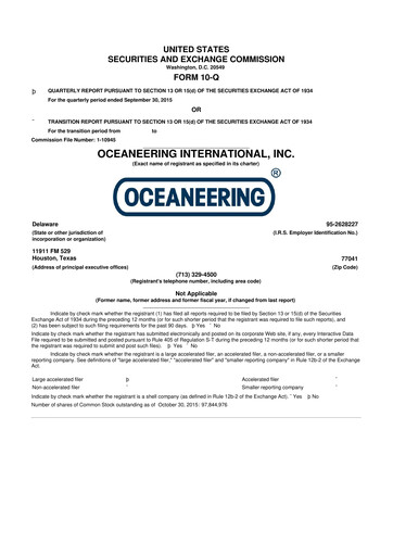 Miniature Oceaneering International
 10-Q Rapport trimestriel  